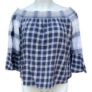 LOFT Blue and White Checkered Off-Shoulder Bell Sleeves 3/4 super cute Large